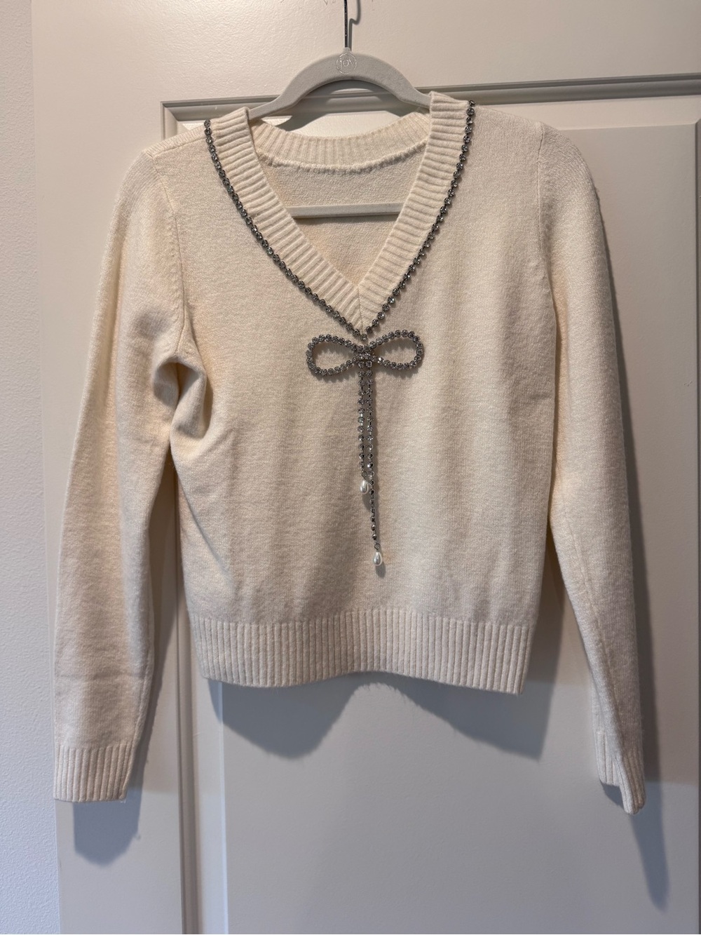 LOFT Cream V-Neck Sweater with Rhinestone Bow Trim